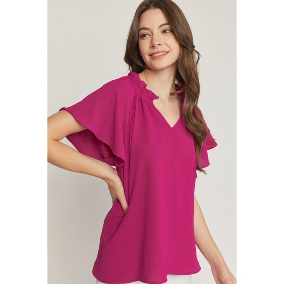 Entro Ruffled Flutter Sleeve Blouse, Magenta - Picture 6 of 7
